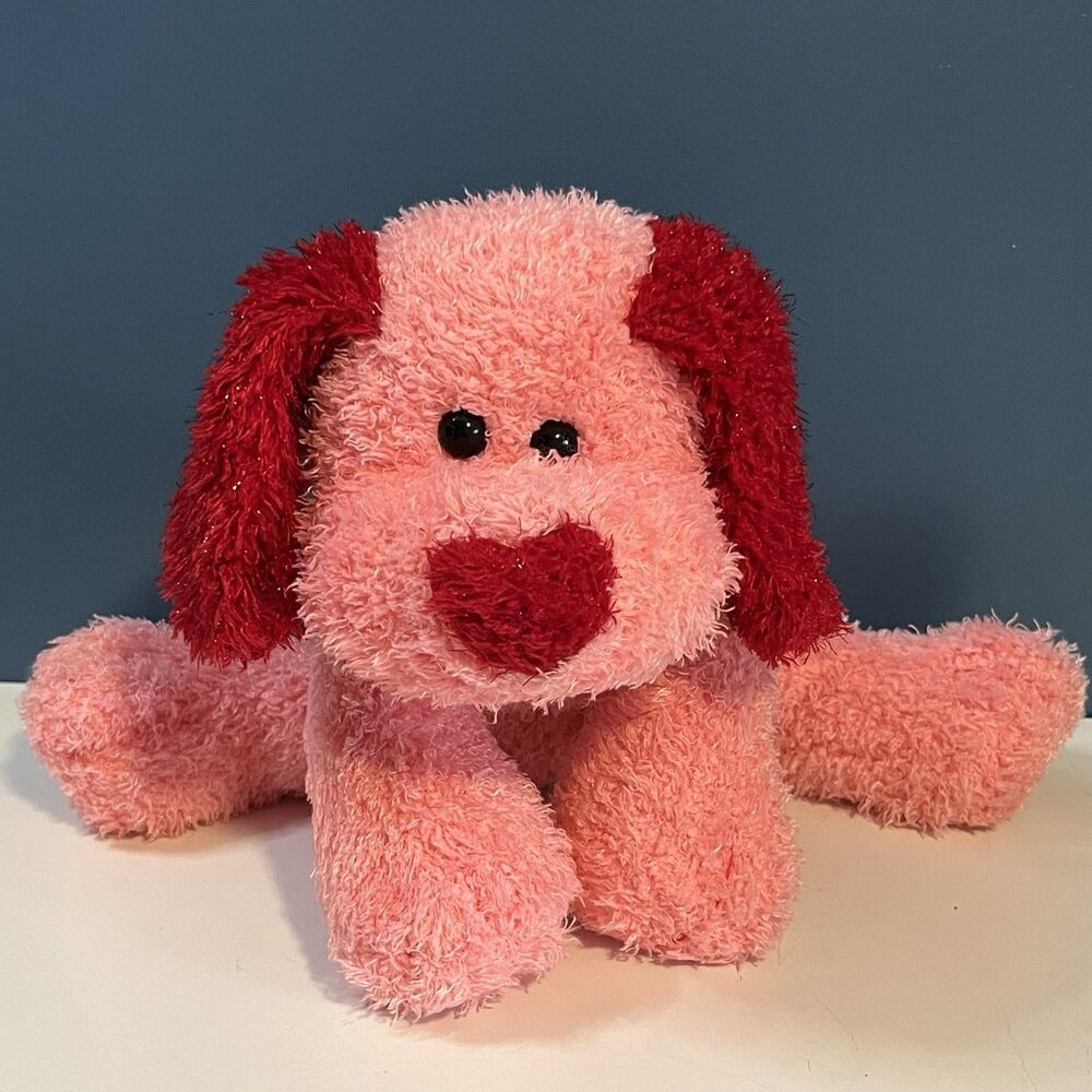 Vintage Pink & Red Dog Plush Valentines Heart Nose Sparkly & Floppy 12”